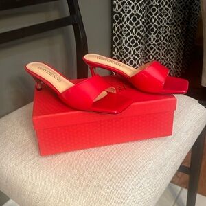 Wayderns Patent Fashion Square Toe Solid Open Toe Red 2inch Heel